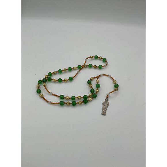 Catholic Rosary With Saint Figure Pendant Green & Gold Beads - Picture 1 of 3